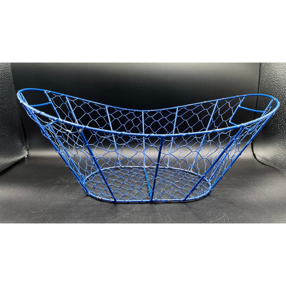Blue Metal Chicken Wire Basket Scalloped Oval Storage Fruit Bowl Handles 16x12"